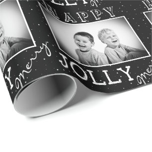 Festive Black White Typography Christmas Photo Wrapping Paper