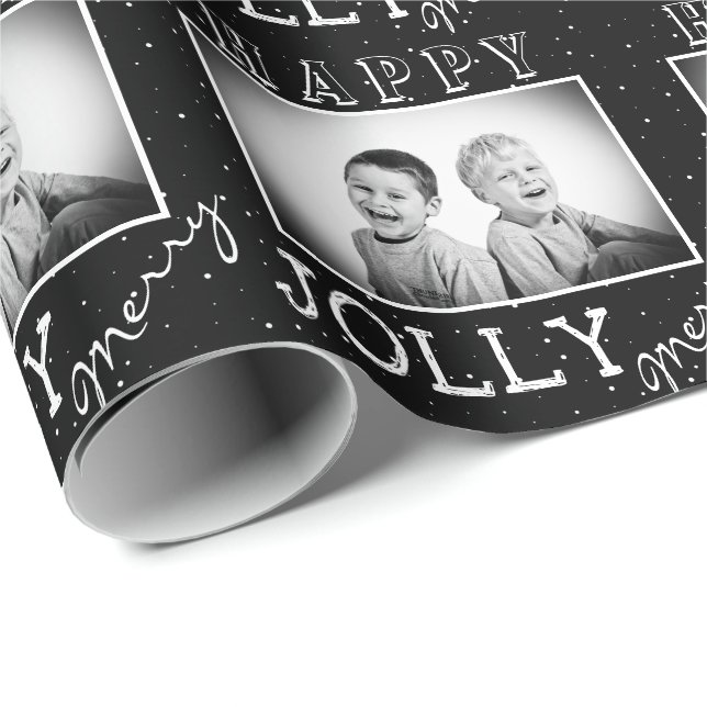 Festive Black White Typography Christmas Photo Wrapping Paper (Roll Corner)