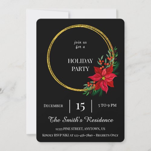 Festive Black Wreath Holiday Party Cute Elegant Invitation