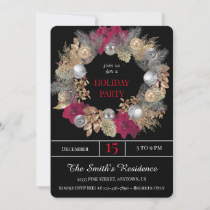 Festive Black Wreath Holiday Party Cute Elegant Invitation