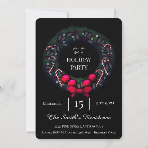 Festive Black Wreath Holiday Party Cute Elegant Invitation