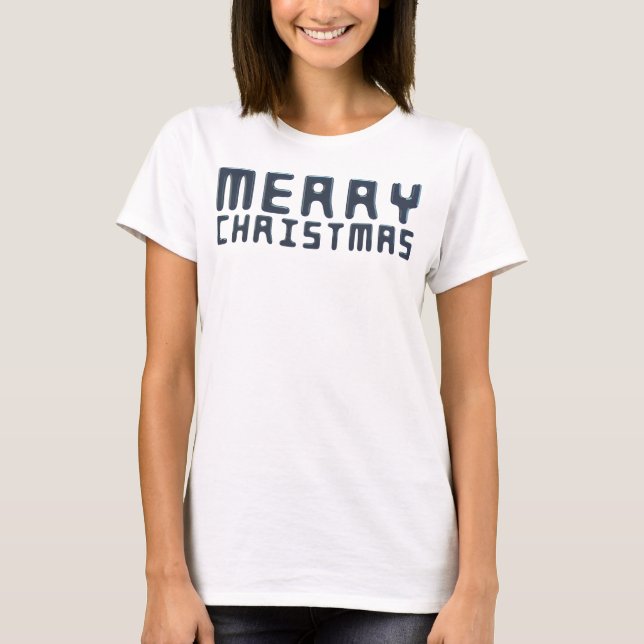 Festive Blue 3D Merry Christmas Typography Design T-Shirt (Front)