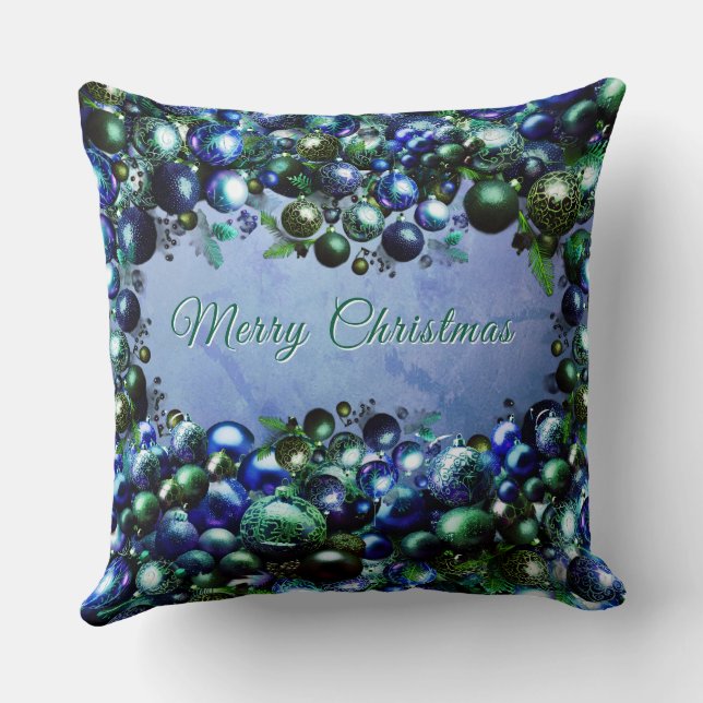 Festive Blue and Green Holiday Throw Pillow (Back)