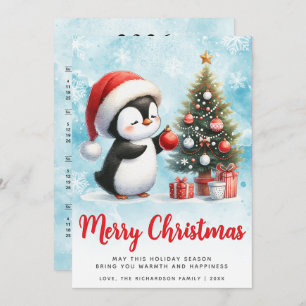 Festive Blue and Red Penguin Merry Christmas Holiday Card