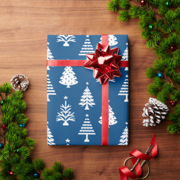Festive Blue and White Christmas Tree Pattern Wrapping Paper