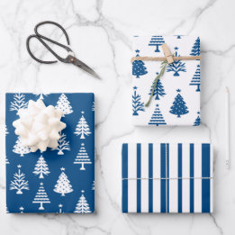 Festive Blue and White Christmas Tree Pattern Wrapping Paper Sheets