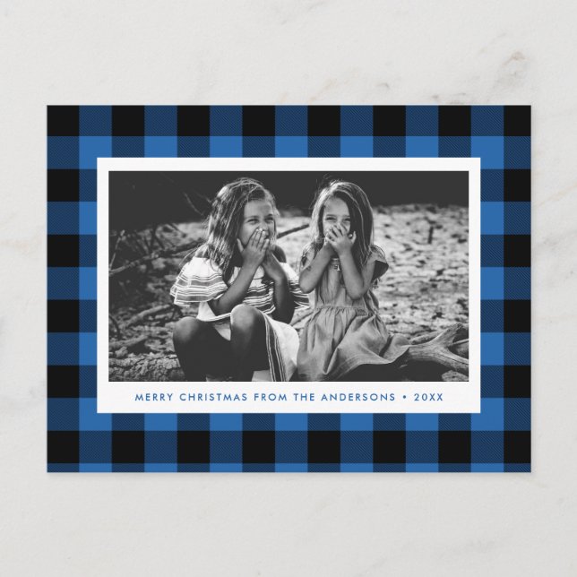 Festive Blue Buffalo Plaid Single Photo Christmas Postcard (Front)