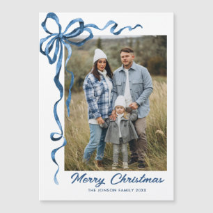 Festive Blue Christmas Bow Photo Magnetic Card