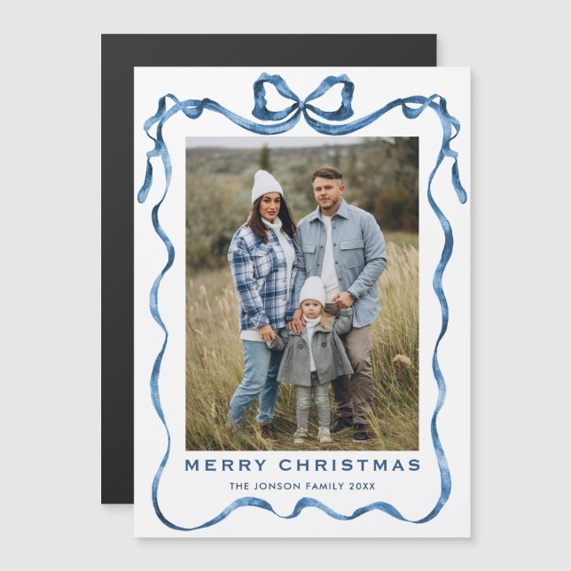 Festive Blue Christmas Bow Photo Magnetic Card (Front/Back)