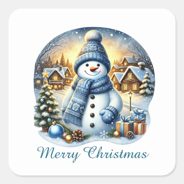 Festive blue Christmas customizable snowman  Square Sticker (Front)