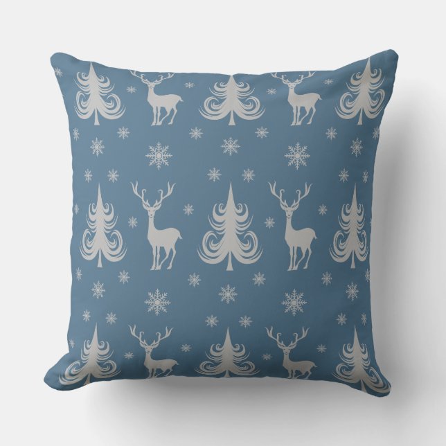 Festive Blue Christmas Deer Pattern Throw Pillow (Front)