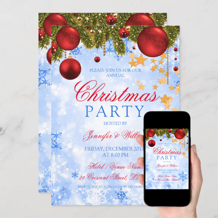 Festive Blue Christmas Holiday Party Invitation | Zazzle