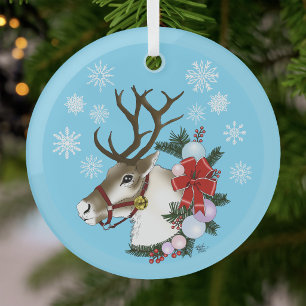Festive Blue Christmas Reindeer Wreath Glass Ornament