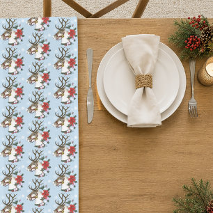 Festive Blue Christmas Reindeer Wreath Long Table Runner