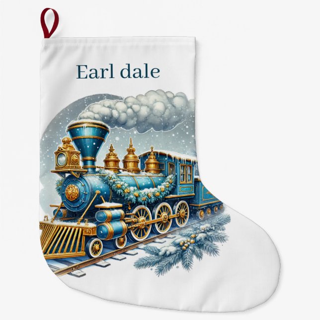 Festive blue Christmas train add name Large Christmas Stocking (Front)
