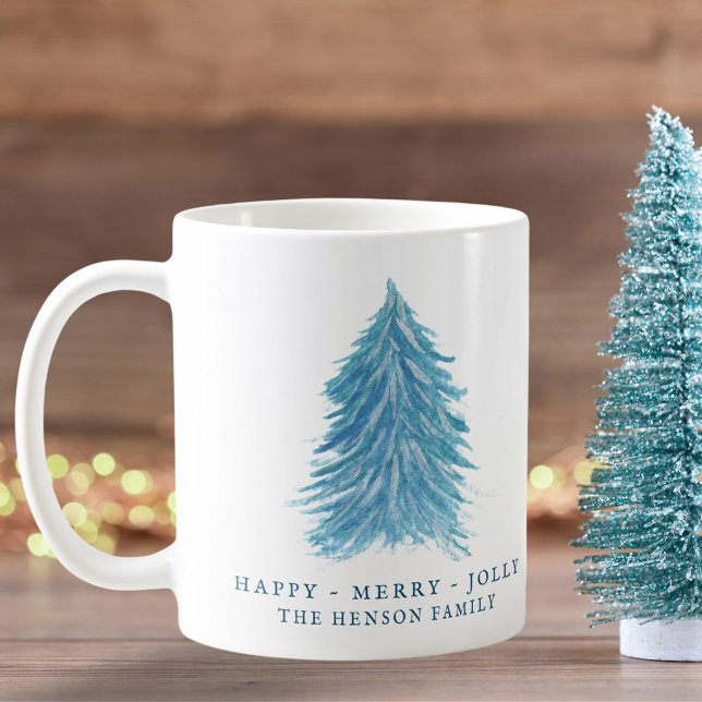 Festive Blue Christmas Tree Watercolor Holiday Coffee Mug (Creator Uploaded)