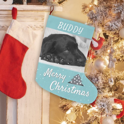 Festive Blue Dog Pet Name and Photo  Large Christmas Stocking