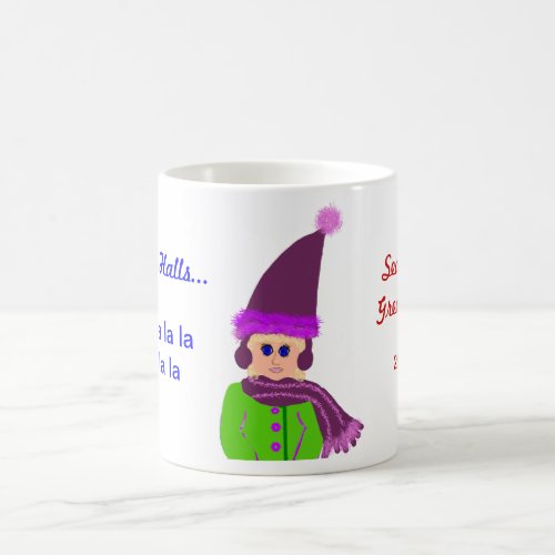 Festive Blue_eyed Girl with Plum Hat  Green Coat Coffee Mug