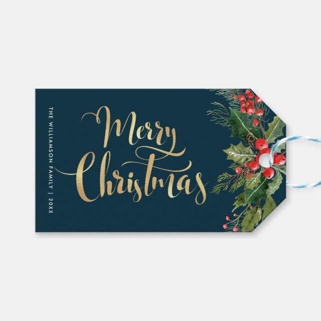 Festive blue floral christmas gift tag (Front (Horizontal))