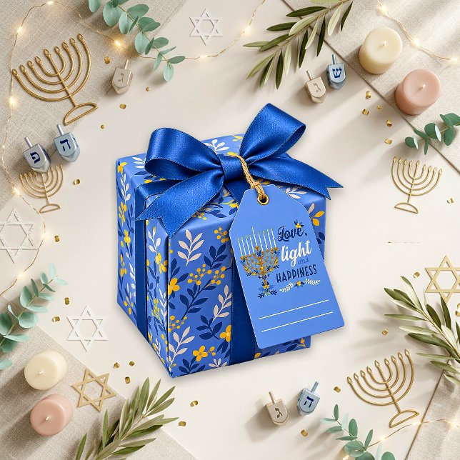 Festive Blue Floral Menorah Hanukkah Gift Tags (Creator Uploaded)