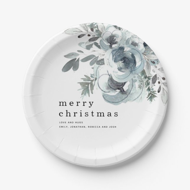 Festive Blue Florals Foliage Names Merry Christmas Paper Plates (Front)