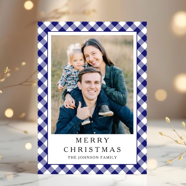 Festive Blue Gingham Photo Christmas Holiday Card (Festive Blue Gingham Photo Christmas Holiday Card)