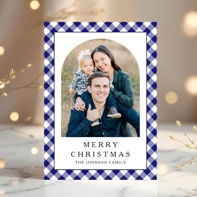 Festive Blue Gingham Photo Christmas Holiday Card (Festive Blue Gingham Photo Christmas Holiday Card)