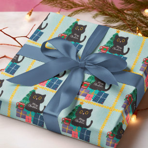 Festive Blue Gold Christmas Black Cat Coffee Wrapping Paper