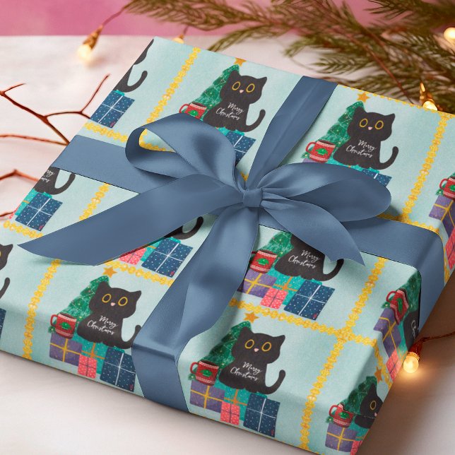 Festive Blue Gold Christmas Black Cat Coffee Wrapping Paper (Creator Uploaded)