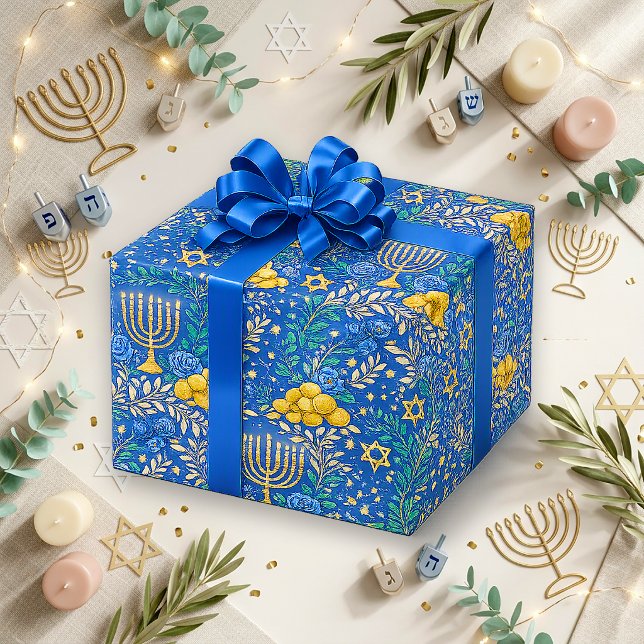 Festive Blue Gold Floral Menorah Wrapping Paper (Creator Uploaded)