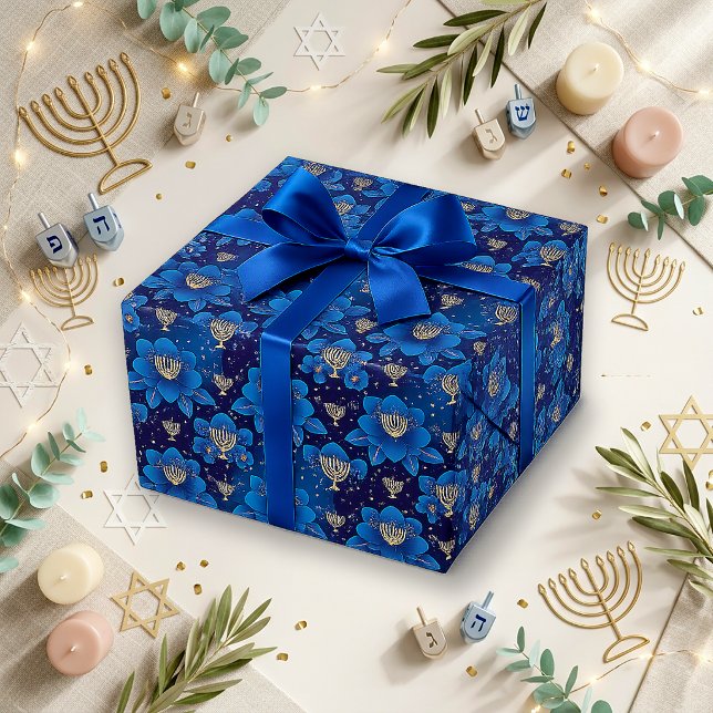 Festive Blue Gold Floral Menorah Wrapping Paper (Creator Uploaded)