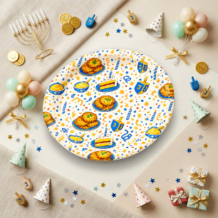 Festive Blue Gold Latke Dreidel Cake Paper Plates