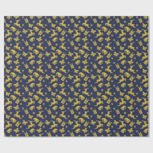 Festive Blue Gold Reindeer Christmas Holiday Wrapping Paper