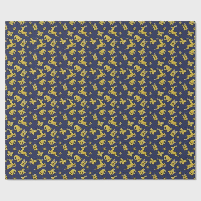 Festive Blue Gold Reindeer Christmas Holiday Wrapping Paper (Flat)