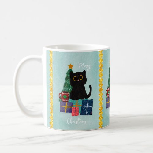 Festive Blue Merry Christmas Cute Black Cat Coffee Coffee Mug