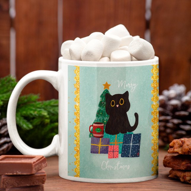 Festive Blue Merry Christmas Cute Black Cat Coffee Mug (Creator Uploaded)