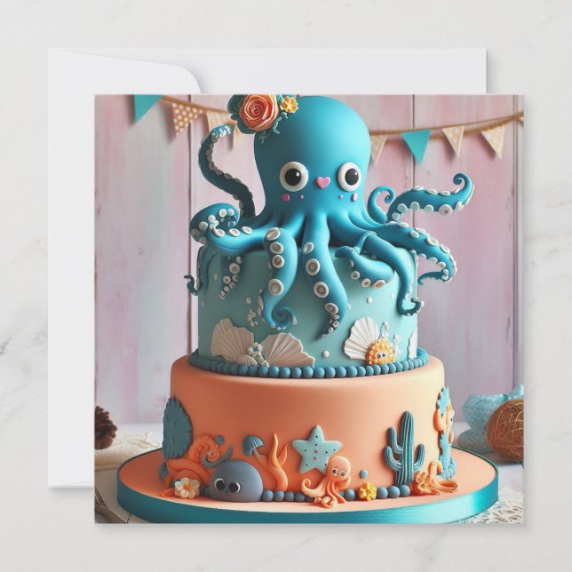 FESTIVE BLUE OCTOPUS THEMED BIRTHDAY CAKE  INVITATION (Front)