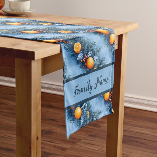 Festive Blue Oranges and Pine Garlands  Short Table Runner (In Situ)