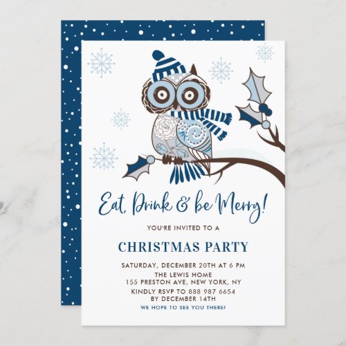 Festive Blue Owl Botanical Christmas Party Invitation