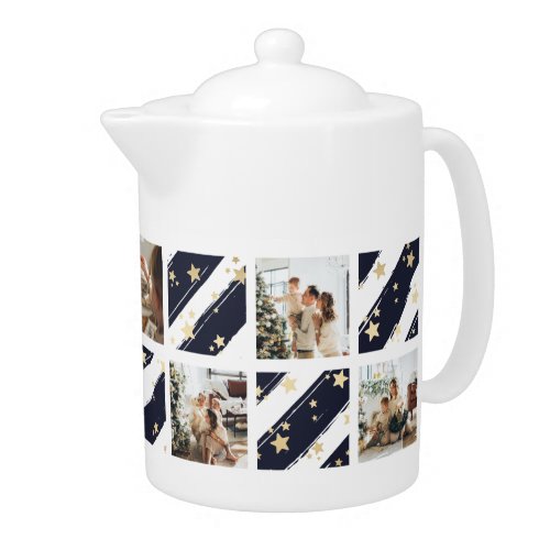 Festive Blue Photo Collage Christmas Holiday Teapot