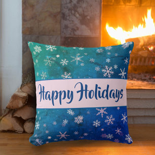 Festive Blue Pink Snowflake Pattern Happy Holidays Throw Pillow