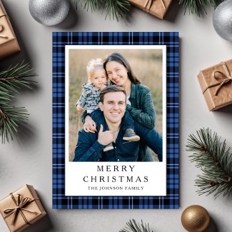 Festive Blue Plaid Photo Christmas