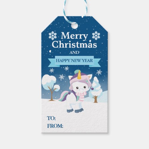 Festive Blue Purple  White Christmas Unicorn Gift Tags