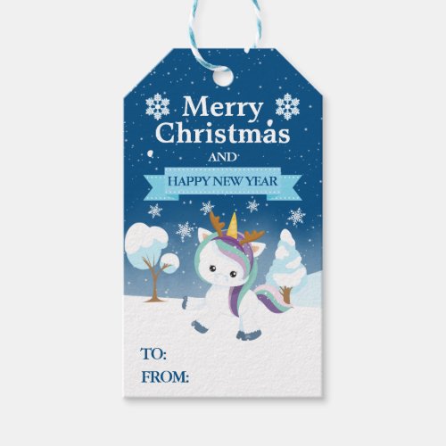 Festive Blue Purple  White Christmas Unicorn Gift Tags