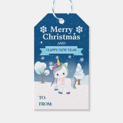 Festive Blue Purple  White Christmas Unicorn Gift Tags