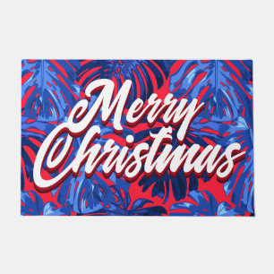 Festive Blue Red Tropical Leaves Christmas Doormat