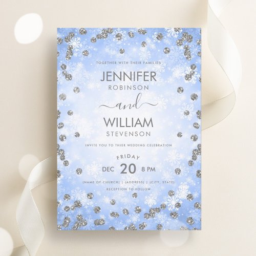 Festive Blue Silver Elegant Winter Wedding  Invitation