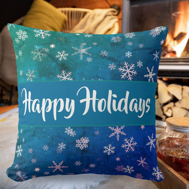 Festive Blue Snowflake Pattern Happy Holidays Thro Throw Pillow (Creator Uploaded)