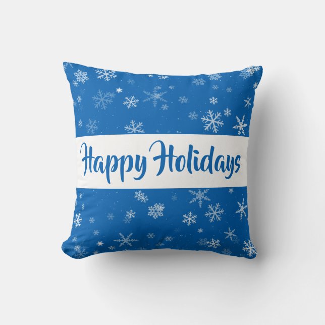 Festive Blue Snowflake Pattern Happy Holidays Throw Pillow (Front)