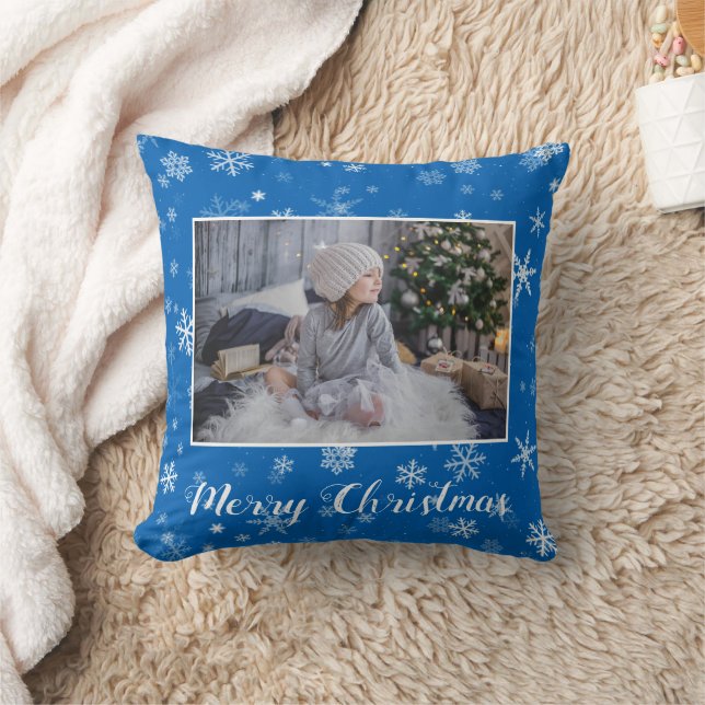 Festive Blue Snowflakes Merry Christmas 2 Photo Throw Pillow (Blanket)
